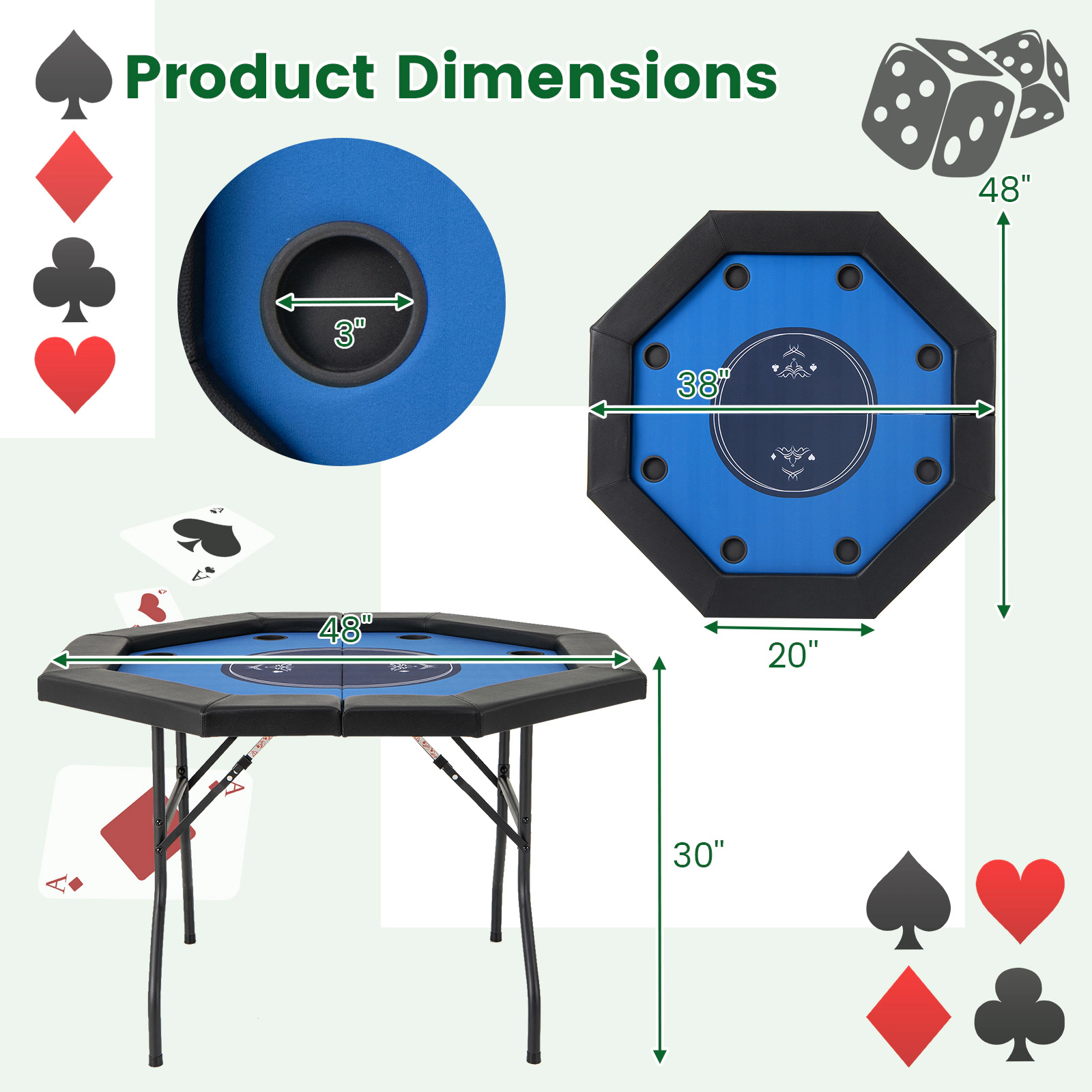SUGIFT Foldable 48-in Poker Table with Padded Rails and Cup Holders 220-lb Capacity Blue