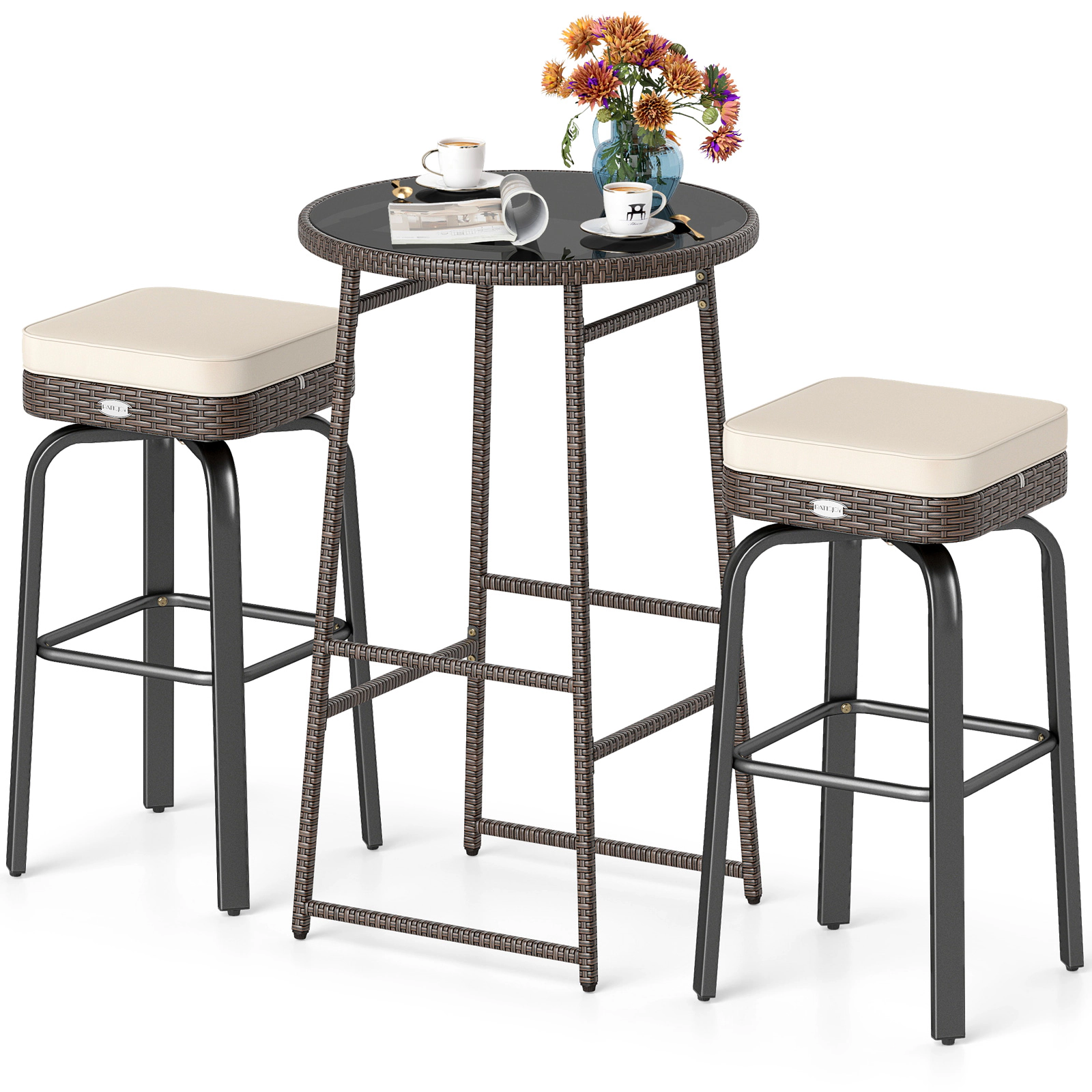 LJG 3 Pieces Outdoor Swivel Bar Set PE Rattan Bar Height Table with 2 Chairs