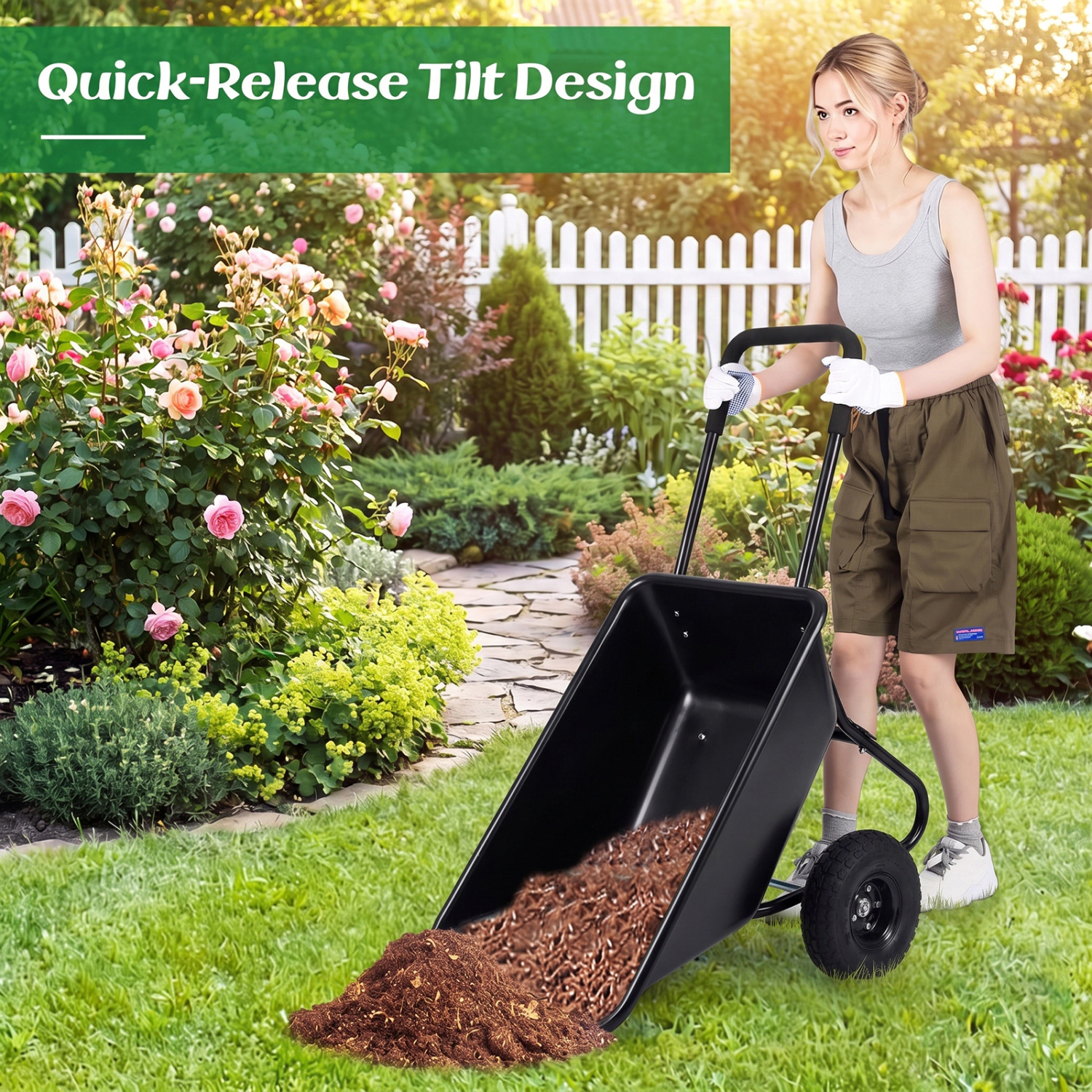 LJG Dual-Wheel Wheelbarrow Garden Utility Cart with Pneumatic Tires