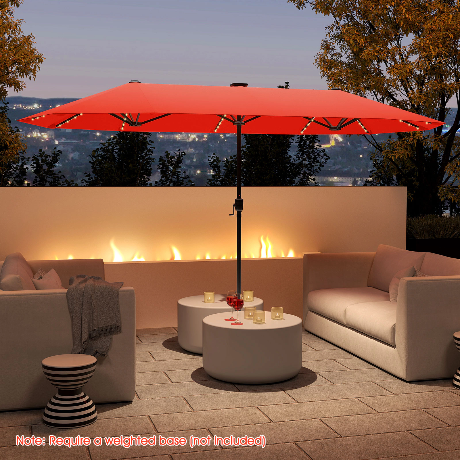 SUGIFT 13-ft Orange Rectangular Double-Sided Market Patio Umbrella with 108 Solar LED Lights and Crank Lift