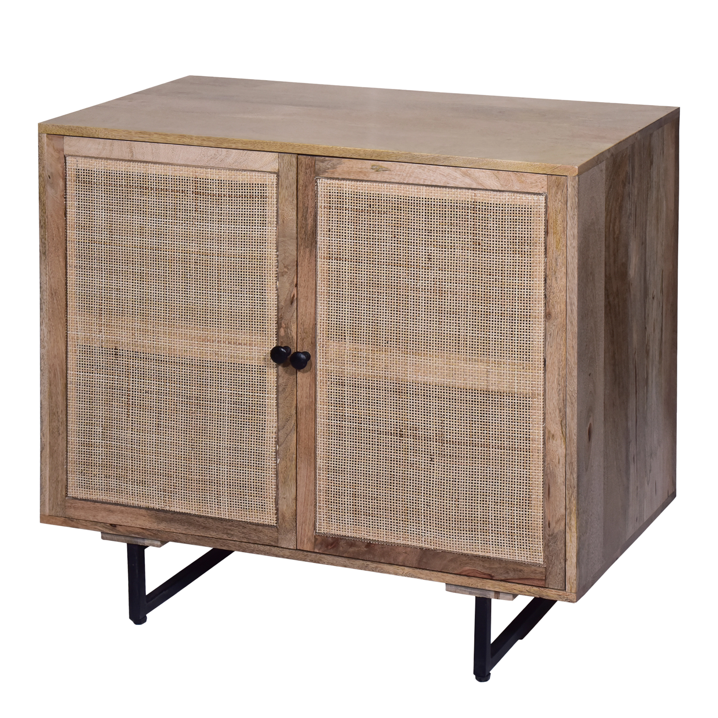 The Urban Port 35 Inch Handcrafted Accent Cabinet with 2 Mesh Rattan Doors, Black Iron Legs, Brown Mango Wood Frame