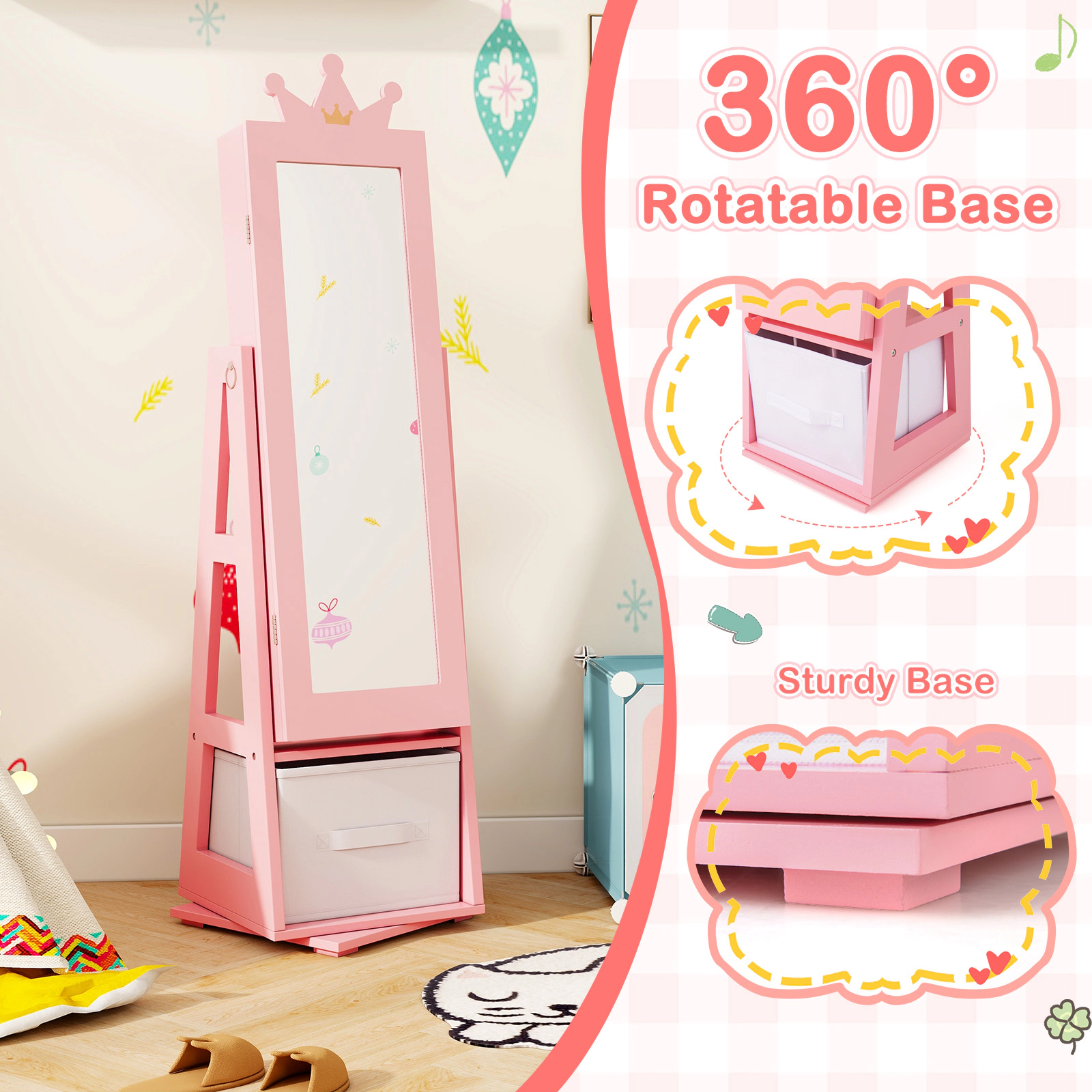 SUGIFT Full-Length Mirror Kids Jewelry Armoire Cabinet Vanity with Swivel Base 46-in Tall Pink and White