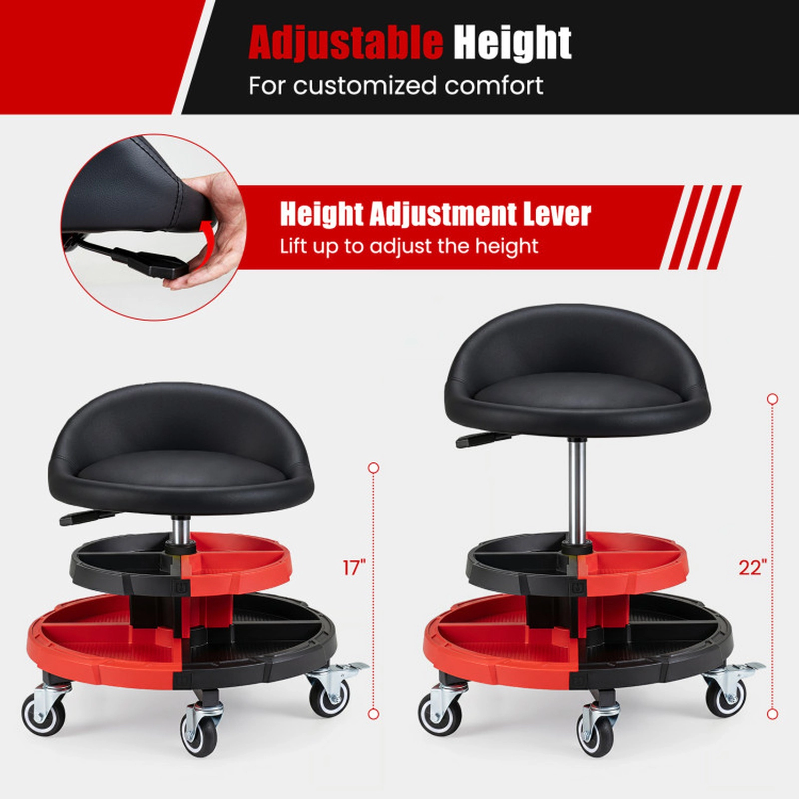 SUGIFT Adjustable Rolling Mechanic Stool with Lumbar Backrest and 2 Tool Trays