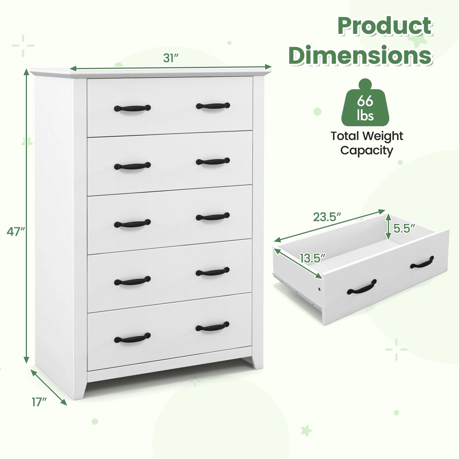 SlickBlue 5 Drawer Storage Dresser Cabinet with Wooden Grain Design