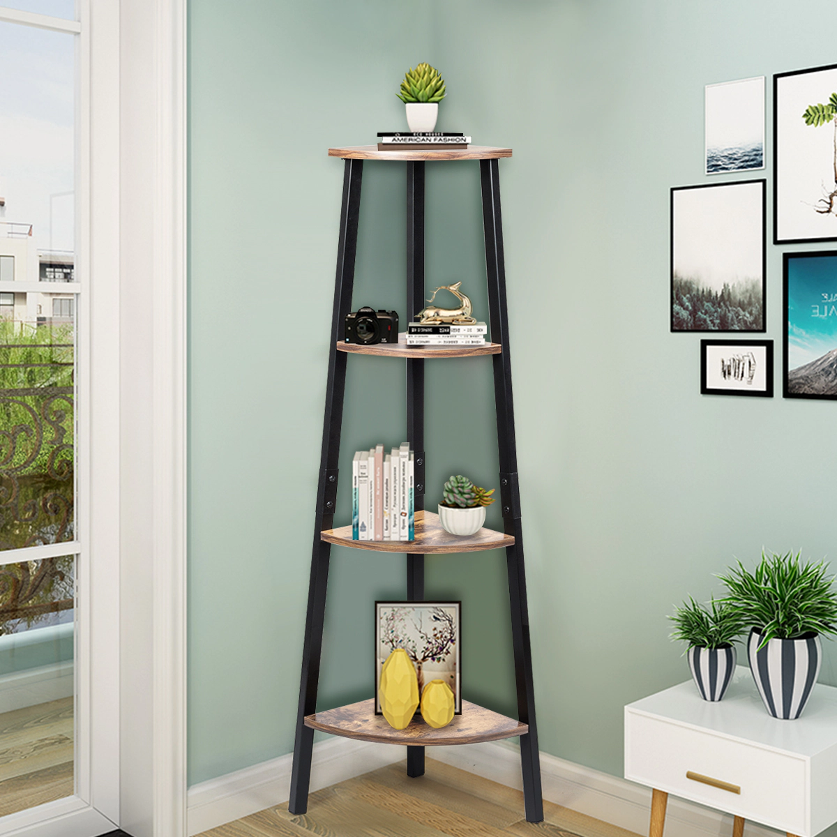 COSTWAY 4-Tier Corner Shelf Metal Storage Rack Bookcase Plant Display Stand Natural