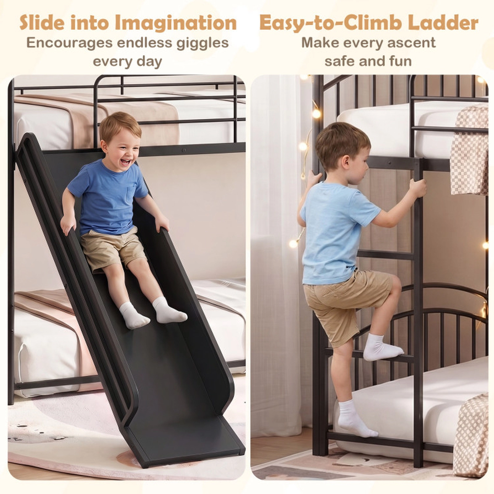 SUGIFT Black 54-in Slide Ladder and Metal Slats Twin Over Twin Kids House Bunk Bed
