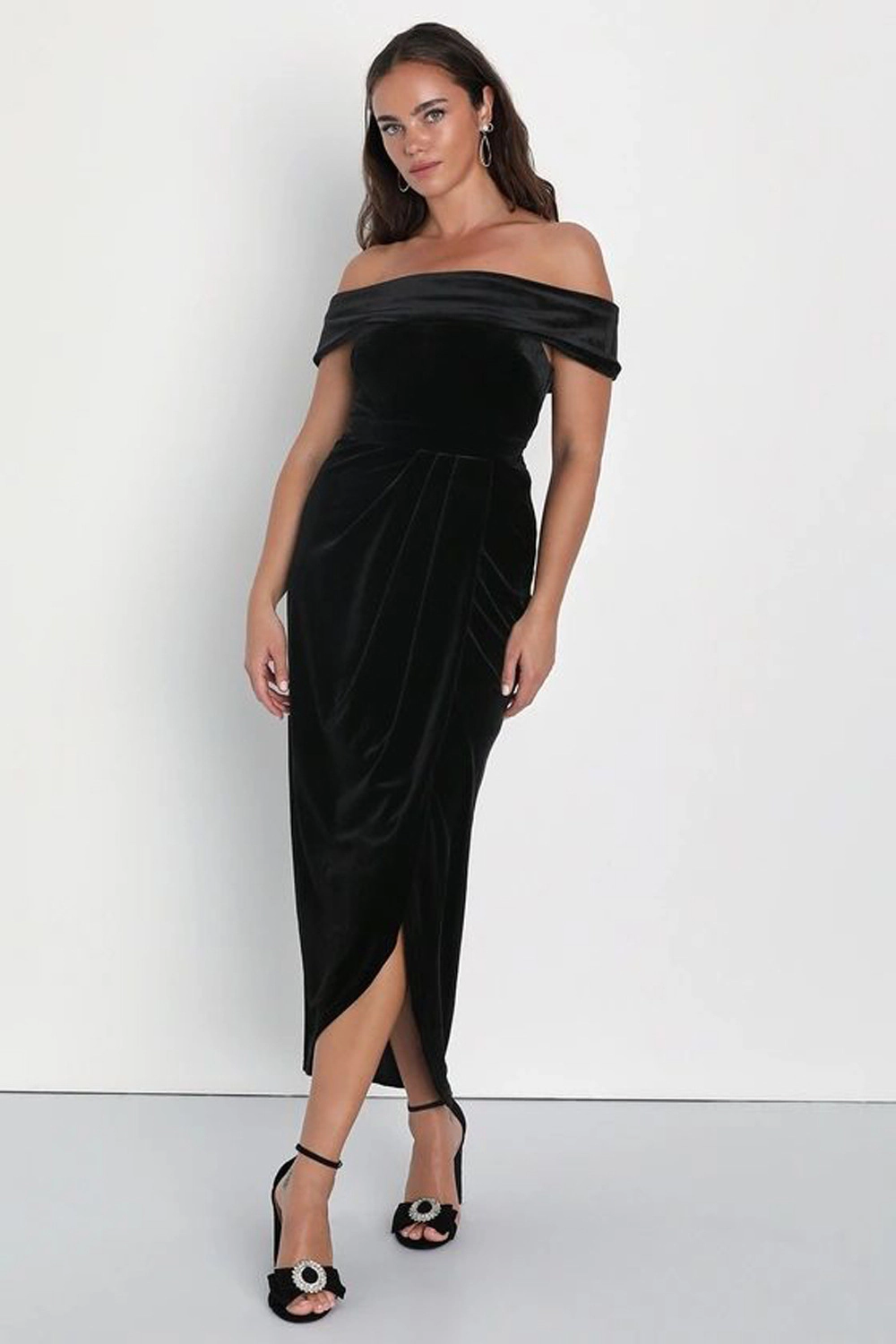KOJOOIN Women's Off Shoulder Velvet Bodycon Midi Dress Ruched Cocktail Party Wedding Evening Dresses