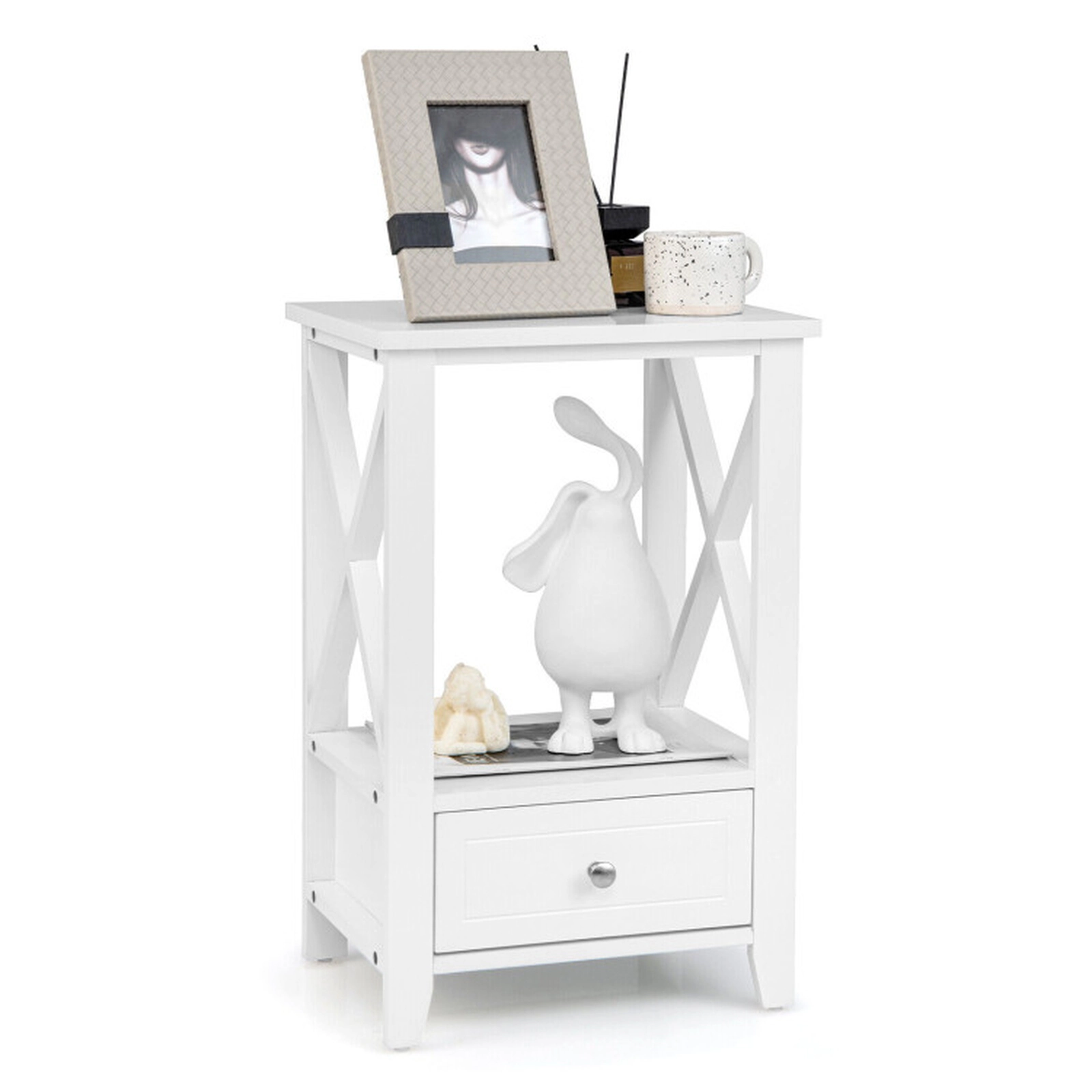 SUGIFT 2-Tier MDF Nightstand with Storage Drawer and Open Shelf 66-lb Tabletop Capacity White