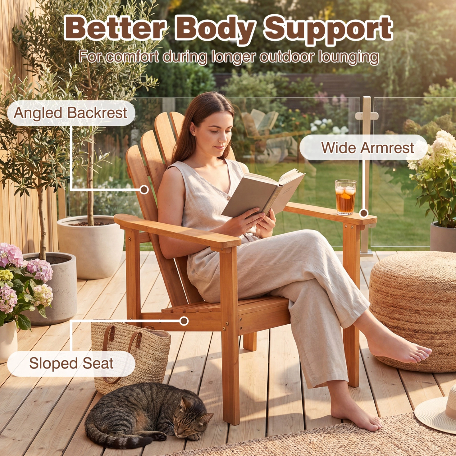 SUGIFT Stackable Acacia Wood Adirondack Conversation Set with 2 Chairs and Side Table 400-lb Capacity Natural