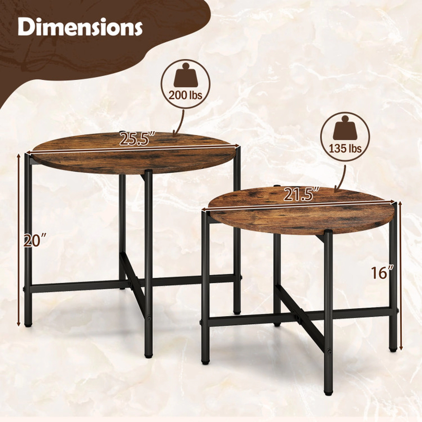 SUGIFT Set of 2 Round Nesting Cross Metal Frame Wood Coffee Tables 25.5-in Dia x 20-in H 200-lb Capacity Rustic Brown