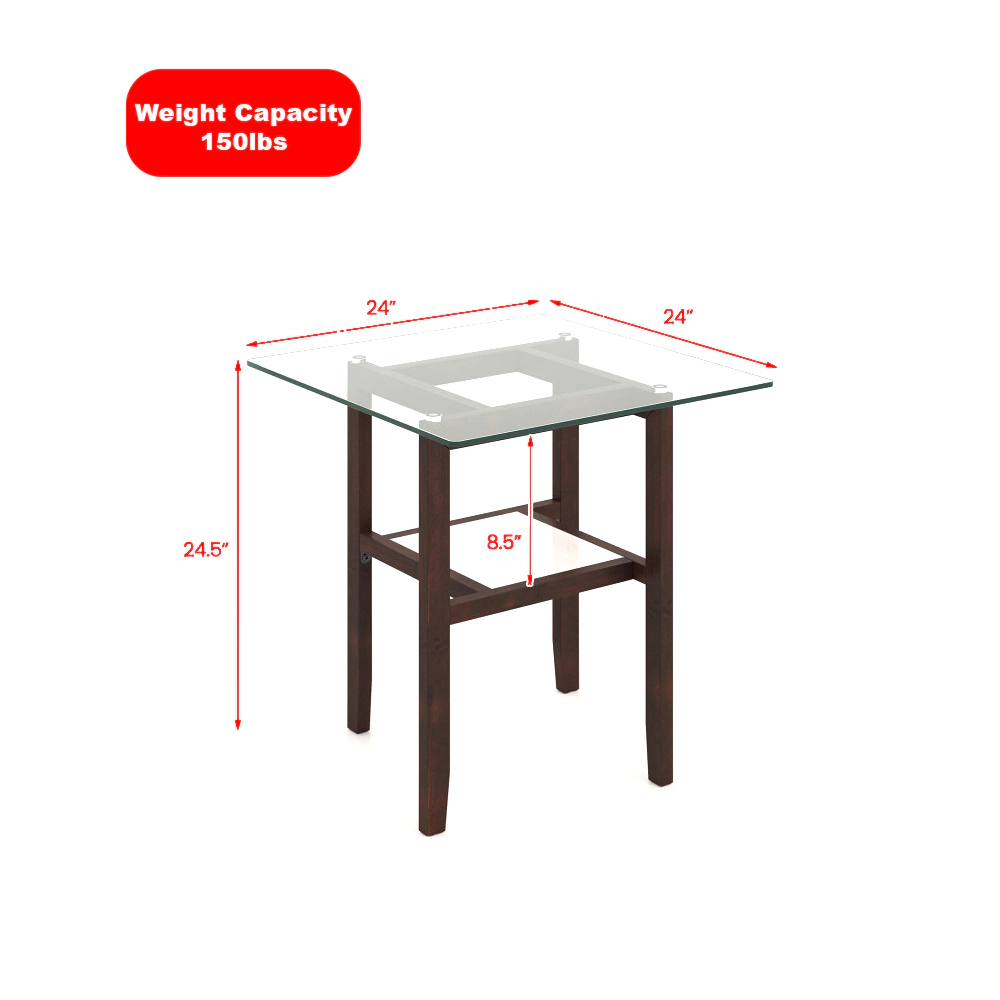 Hivvago 24-Inch Square Glass Coffee Table with Double Layers and Built-In Storage Shelf