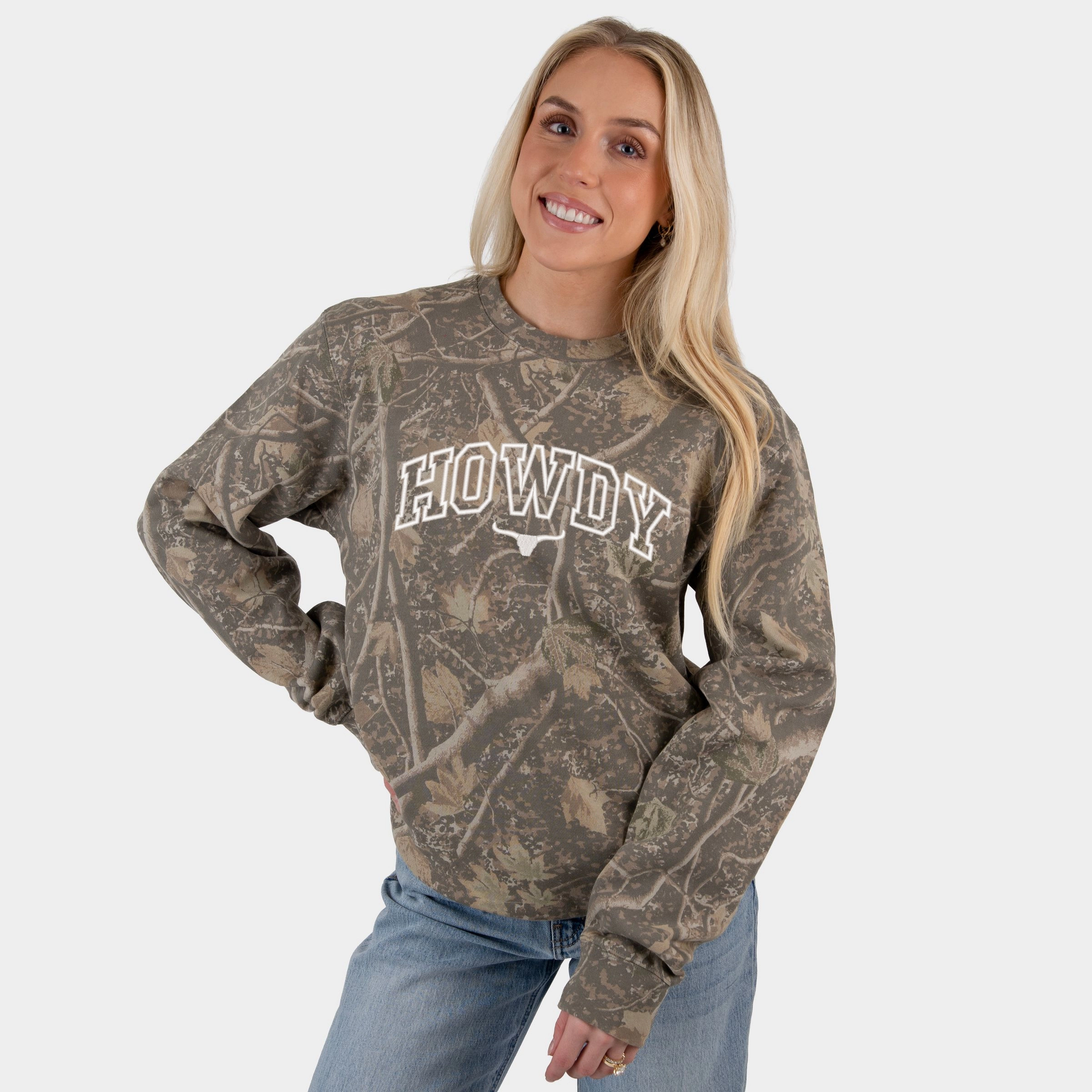 Simply Sage Market - Embroidered Howdy Bull Varsity Women's Camo Sweatshirt