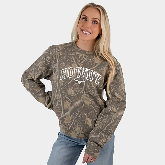 Simply Sage Market - Embroidered Howdy Bull Varsity - Women's Camo Sweatshirt