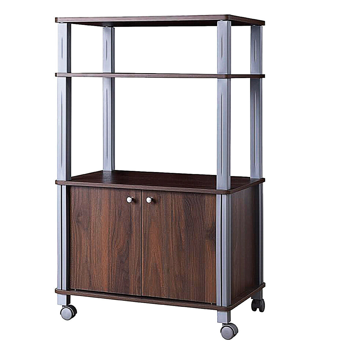 SUGIFT Microwave Rack Stand Walnut Rolling Storage Cart with 2-Door Cabinet
