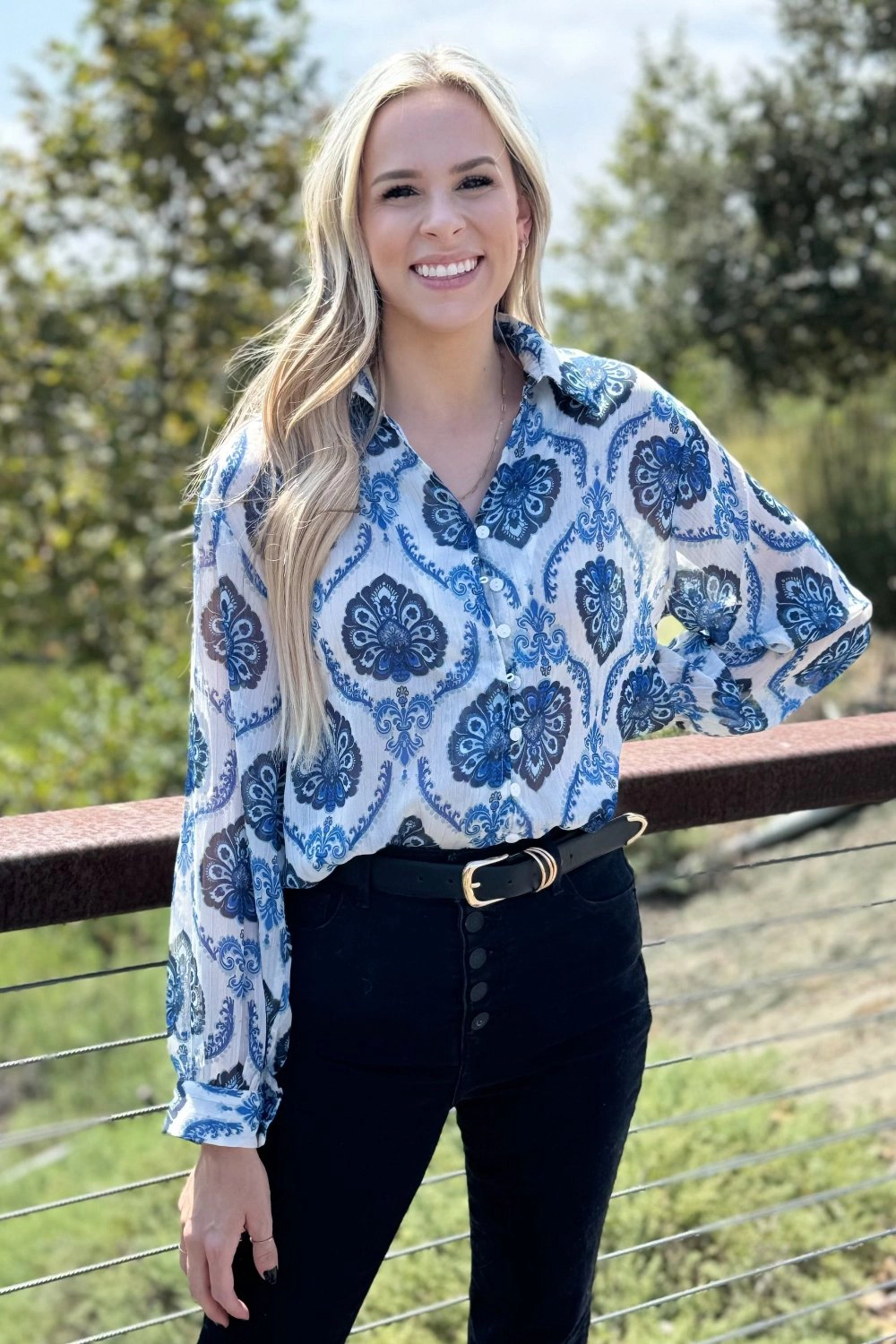 Threaded Pear Women's Mila Pattern Button Top