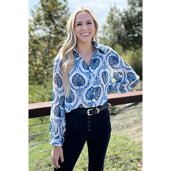 Threaded Pear Women's Mila Pattern Button Top