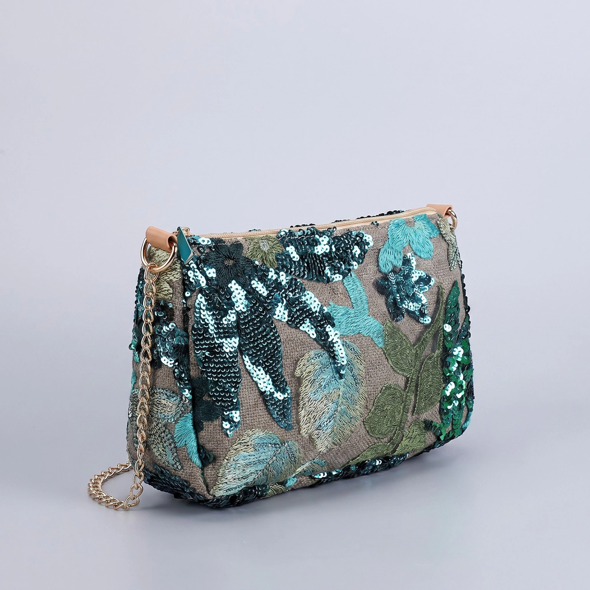 Alilang Women's Floral Embroidered Sequin Shoulder Bag with Chain Strap Curved Silhouette