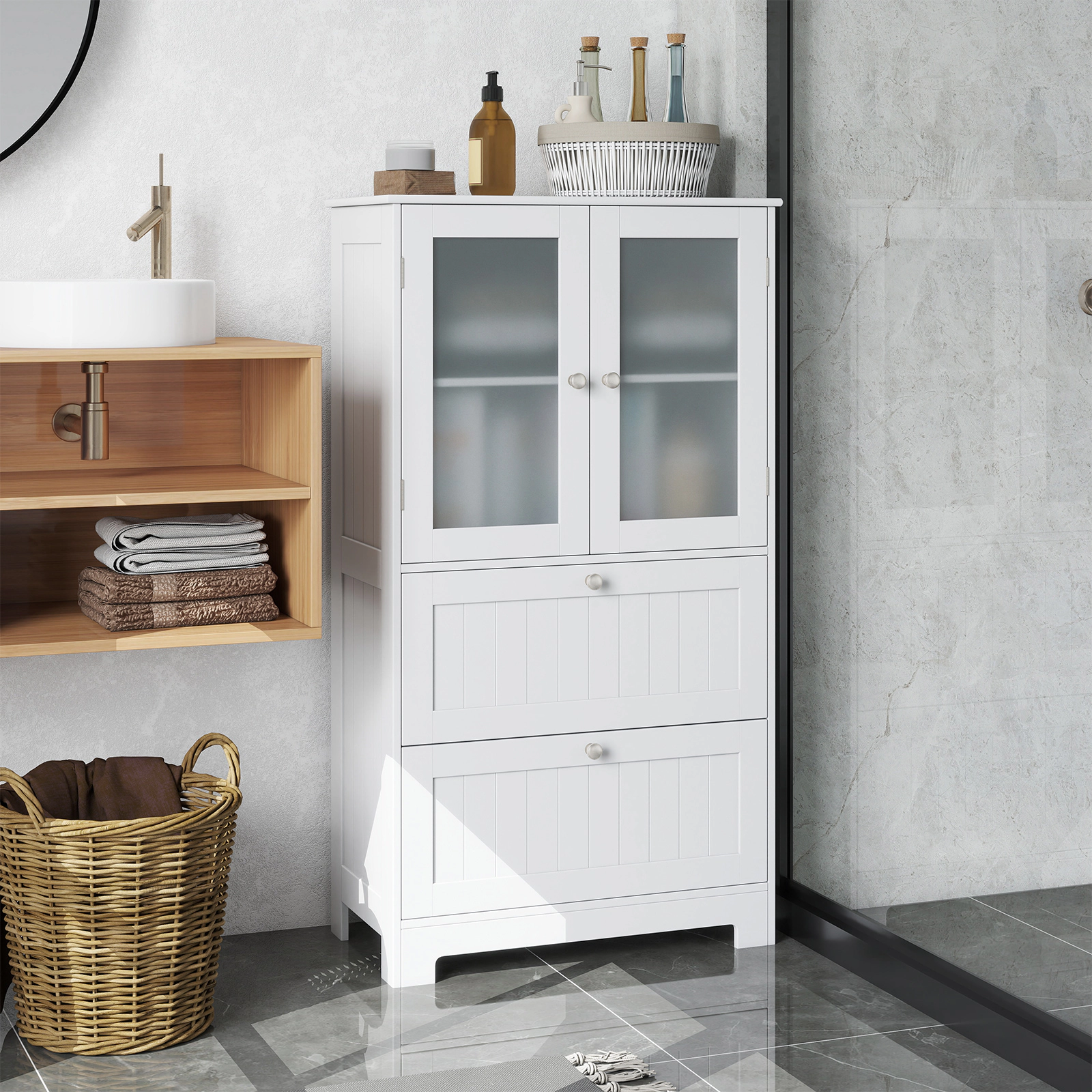 Slickblue White Glass Door Floor Storage Cabinet 2 Drawers Engineered Wood Countertop