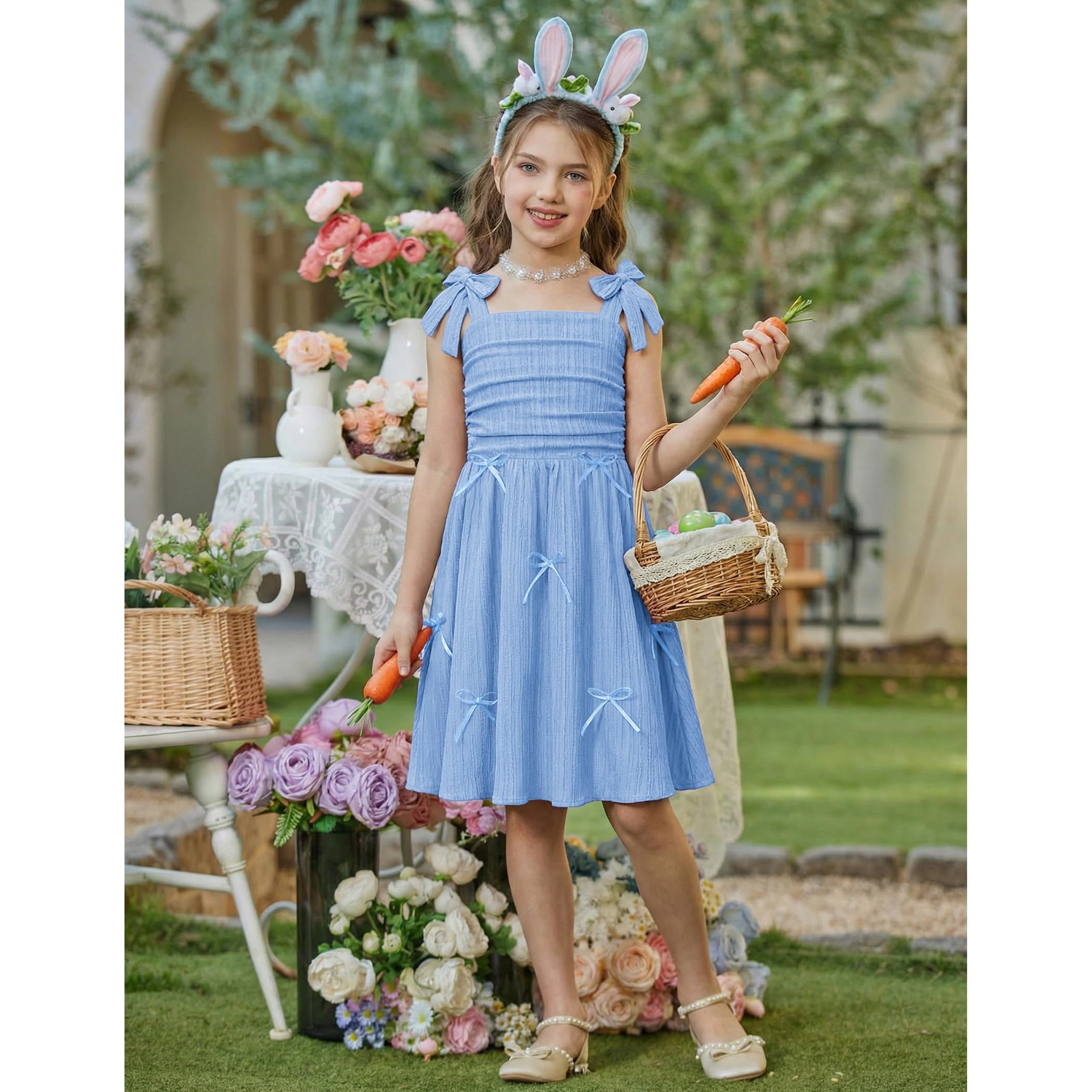 Arshiner Girls Dresses Ruched Smocked Back Spaghetti Strap Bow Summer Boho Beach Party Sundress