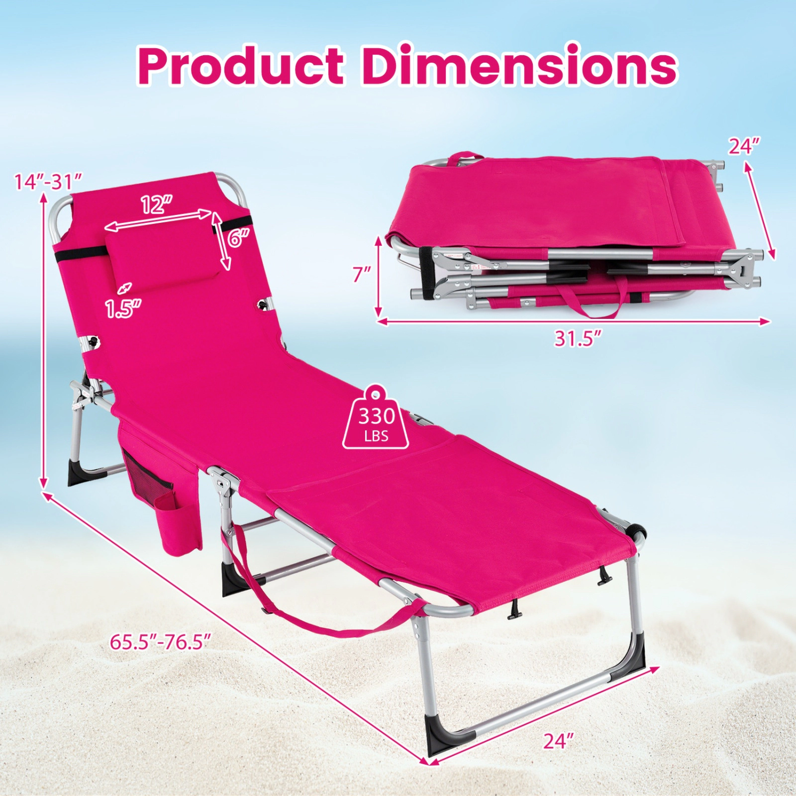 SUGIFT Set of 2 Portable Tanning Lounge Chairs Face & Arm Holes 330-Lb Capacity 4-Level Backrest 76.5-in Lounge Pink