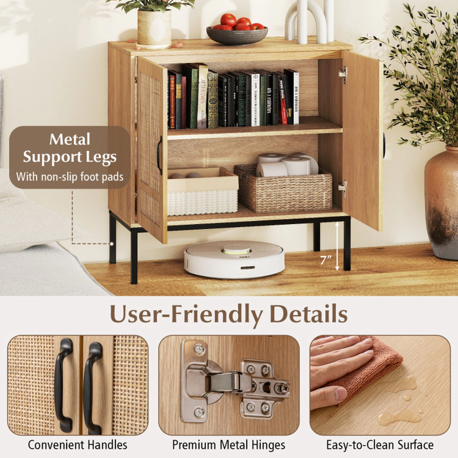 SUGIFT Boho Storage Sideboard Cabinet with Asymmetrical Rattan Doors 100-lb Tabletop Capacity Natural