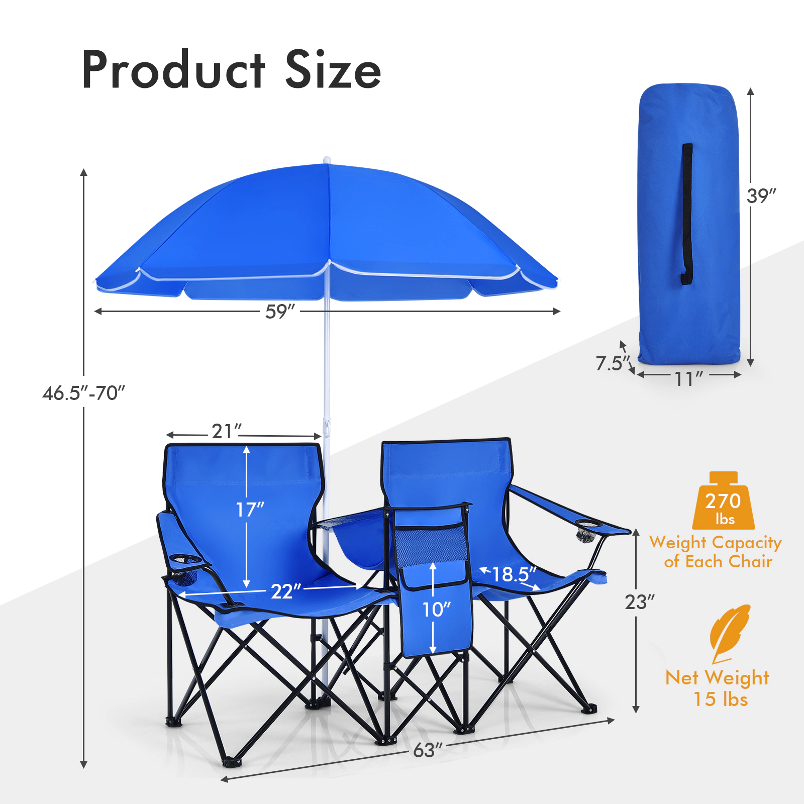 SUGIFT Portable Folding Picnic Double Chair with Adjustable Umbrella 270-lb Capacity Blue