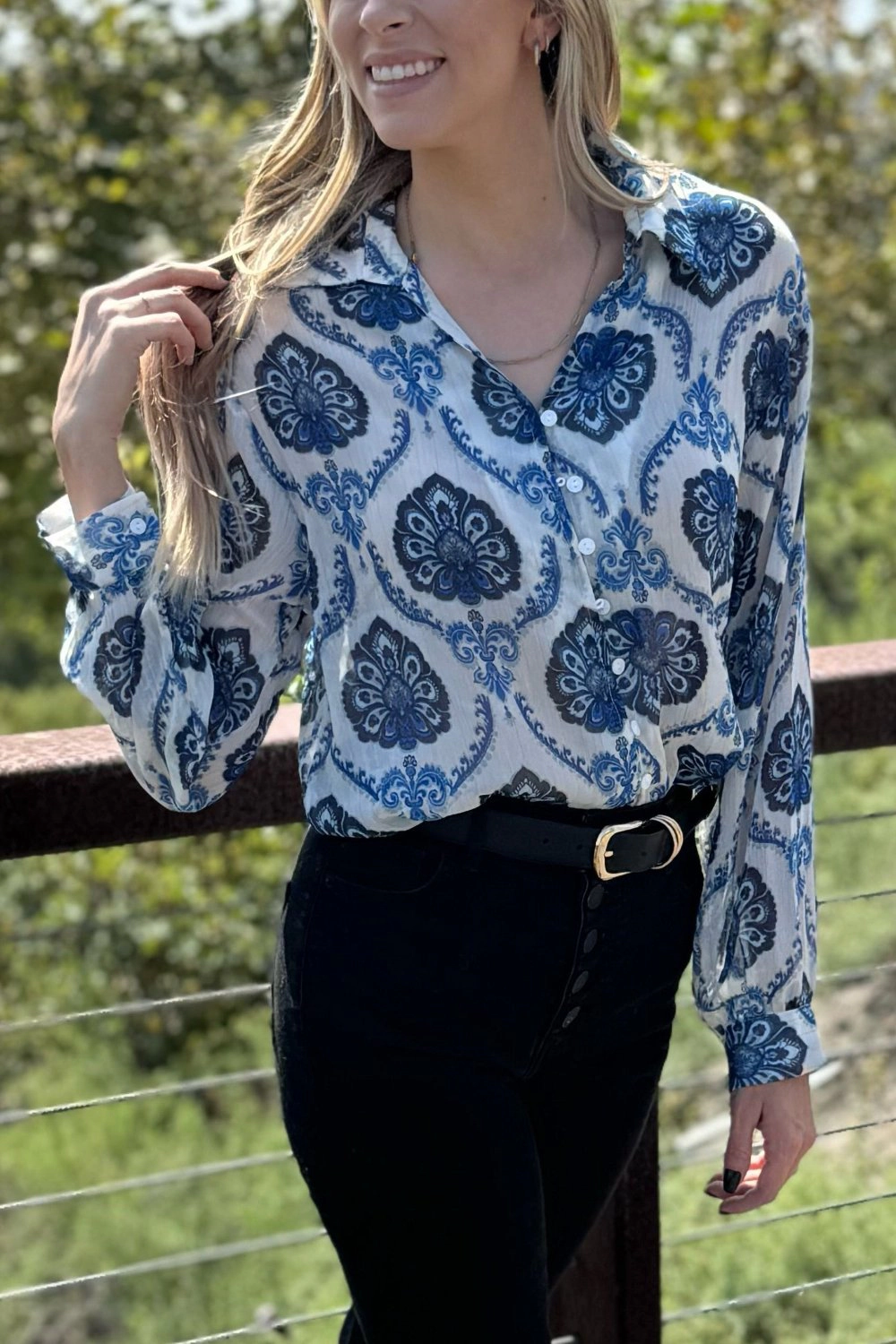 Threaded Pear Women's Mila Pattern Button Top