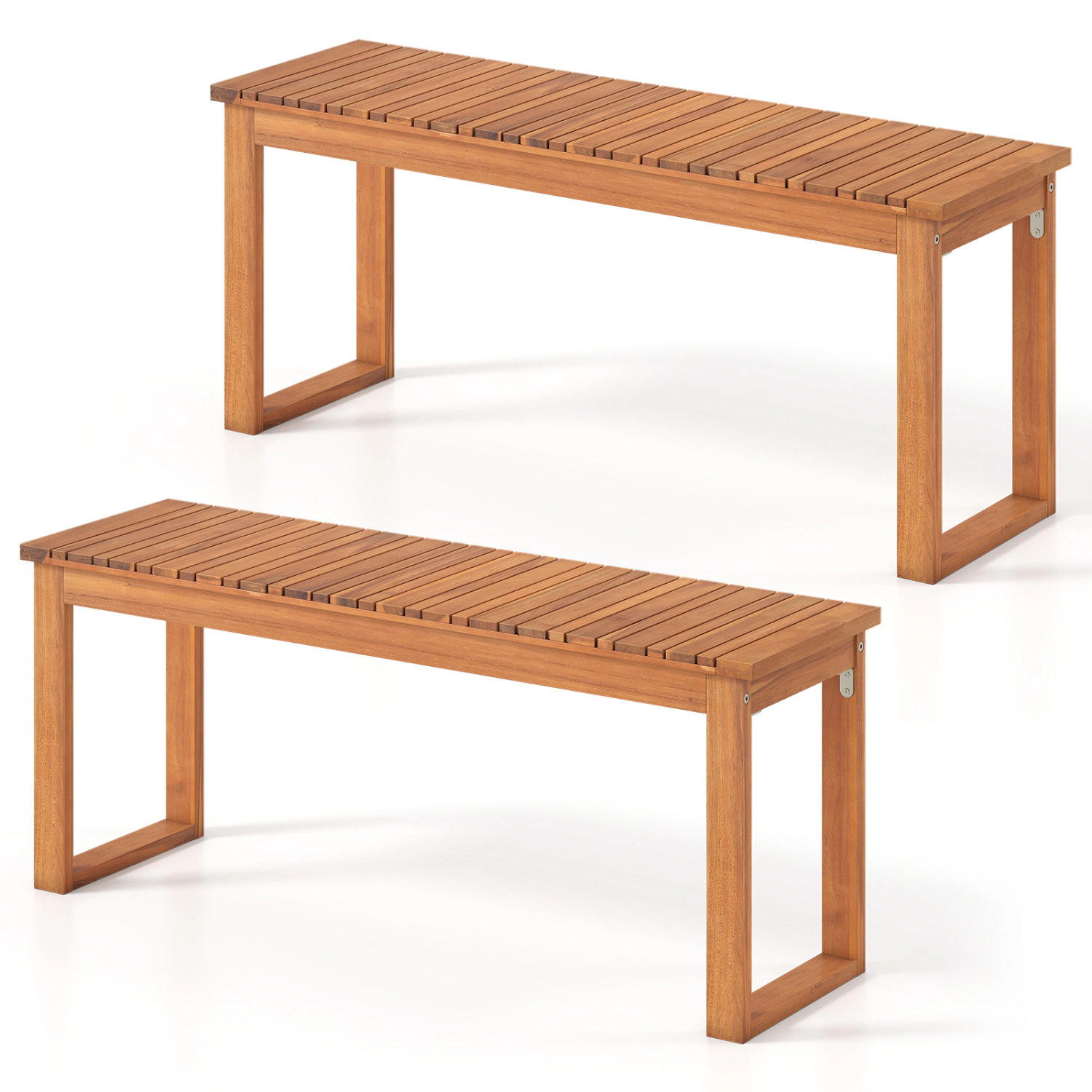LJG Acacia Wood Outdoor Garden Bench Set of 1/2 with Slatted Seat for Front Porch