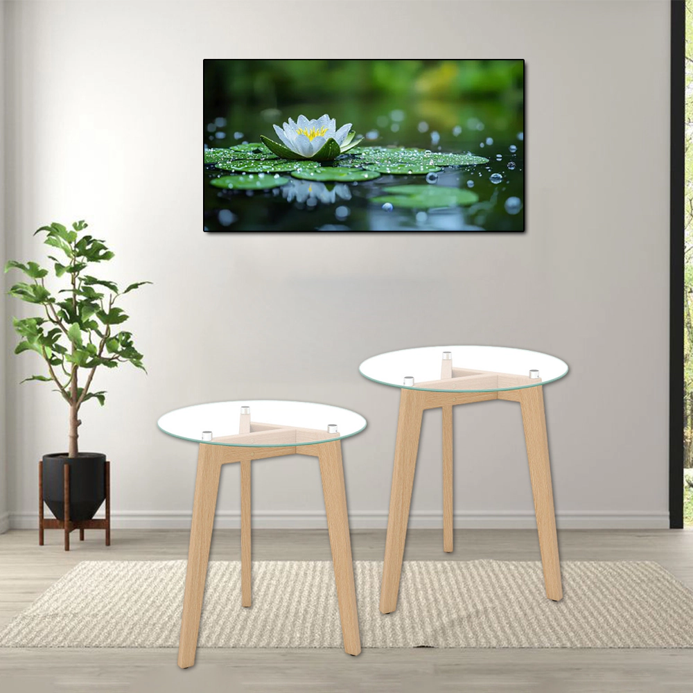 Hivvago Round End Table with Tempered Glass Top and Sturdy Solid Rubberwood Frame