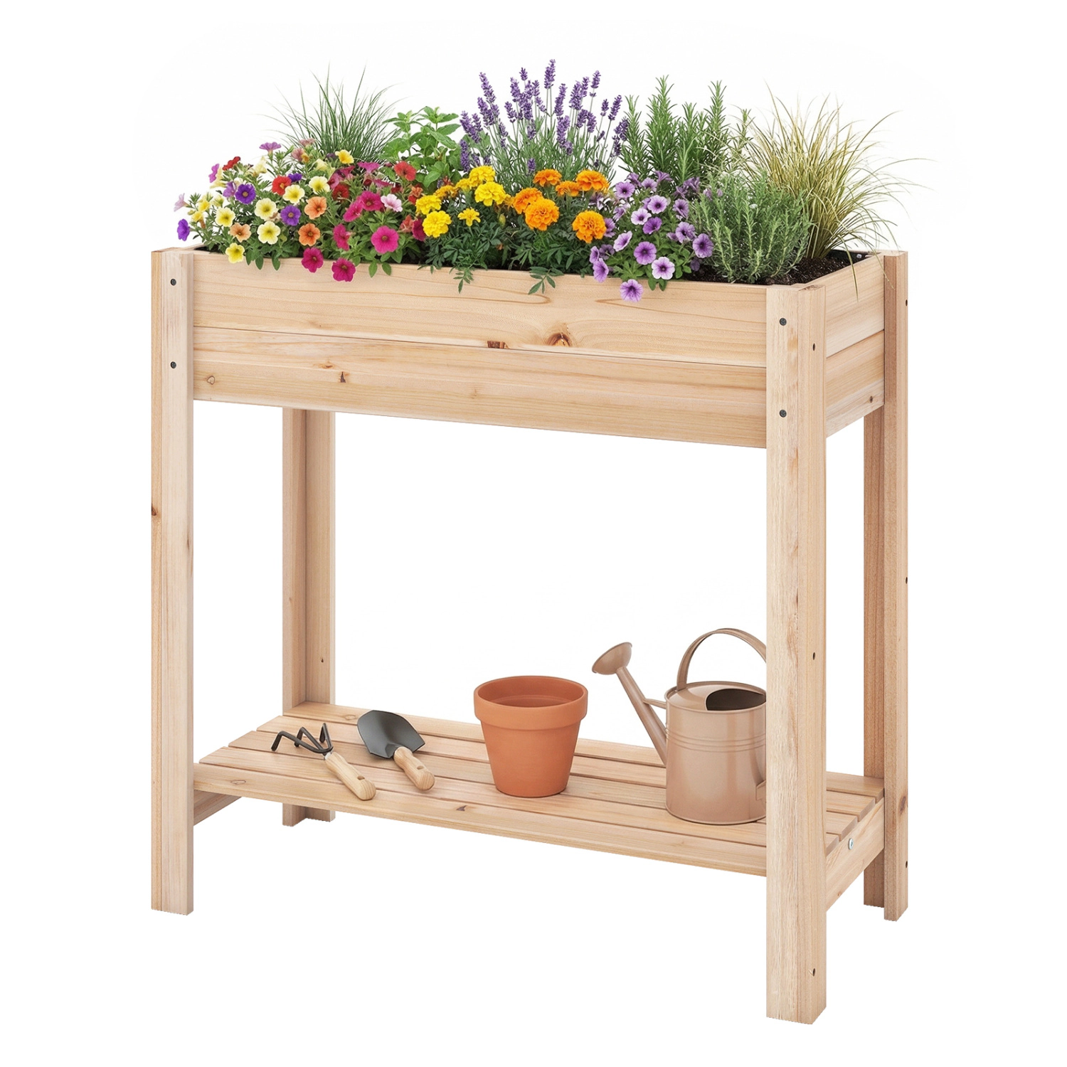 LJG Wooden Raised Garden Bed with Legs and Storage Shelf