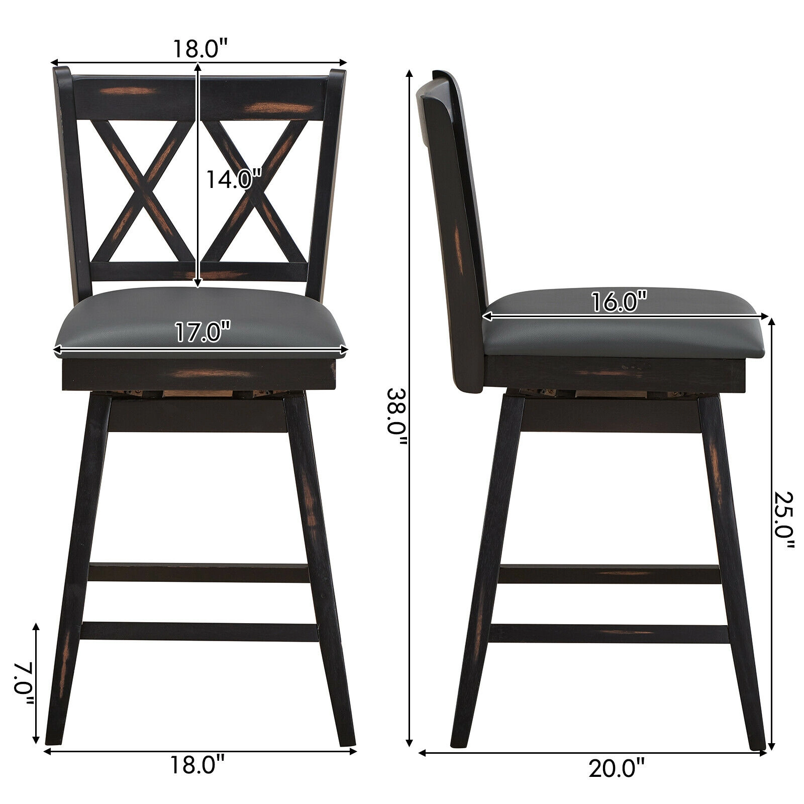 Glintex 2-Piece 24-Inch Swivel Counter Stool Set with Padded PVC Back, Black