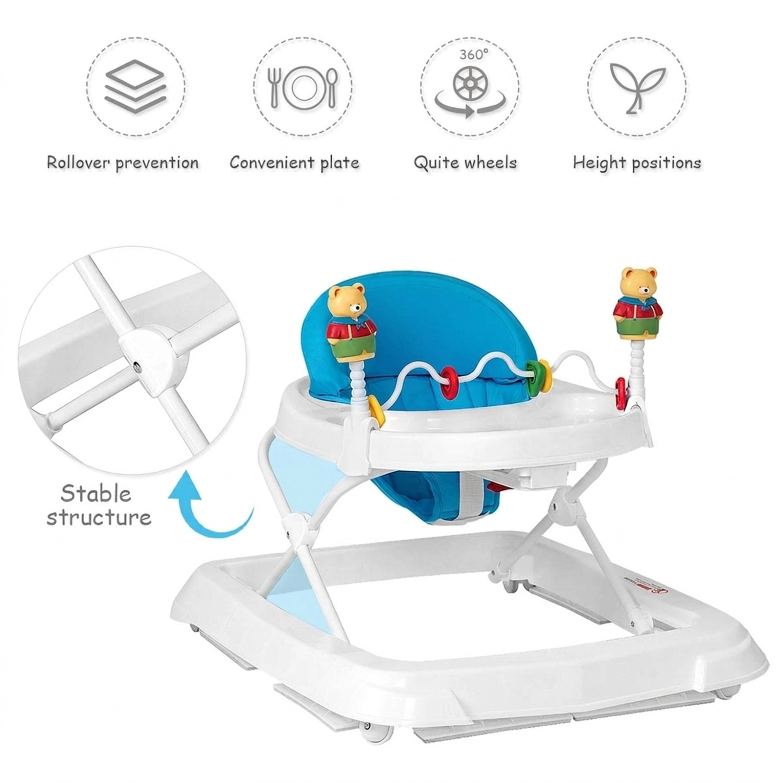 Adjustable Height Folding Baby Walker with Safety Belt 6 Non-Slip Pads Large Bottom Bumper Blue