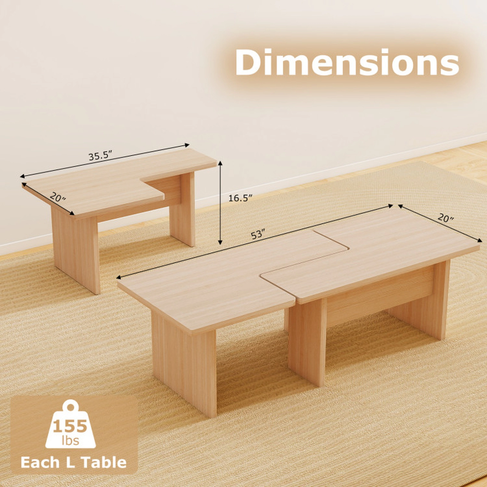 SUGIFT Set of 2 Modular L-Shaped Engineered Wood Coffee Tables 35.5-in x 20-in x 16.5-in 155-lb Capacity Oak