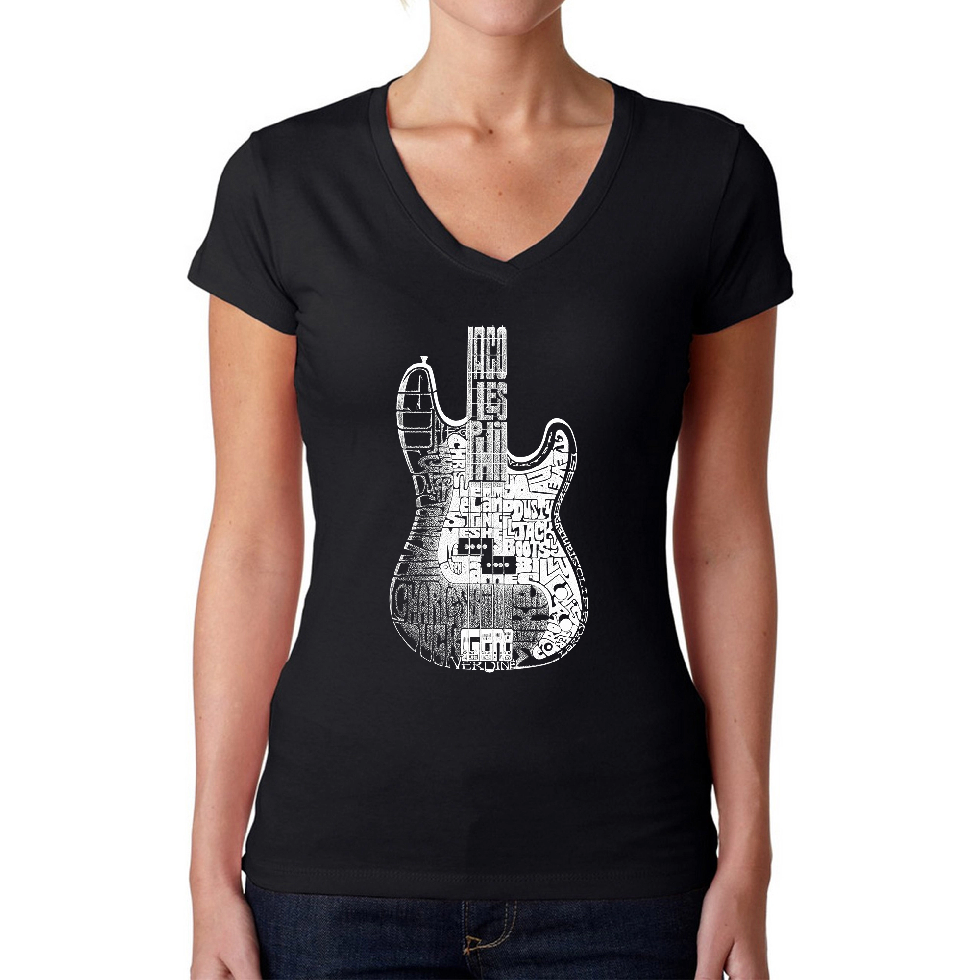 LA Pop Art Womens Word V-Neck T-Shirt - Bass Guitar