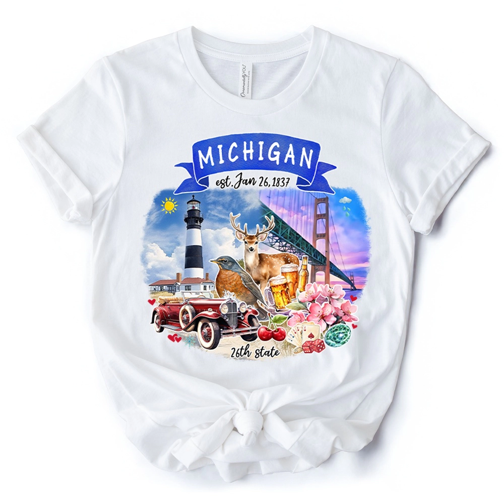 OrnamentallyYou Unisex Artistic Michigan State Themes And Landmarks T-Shirt