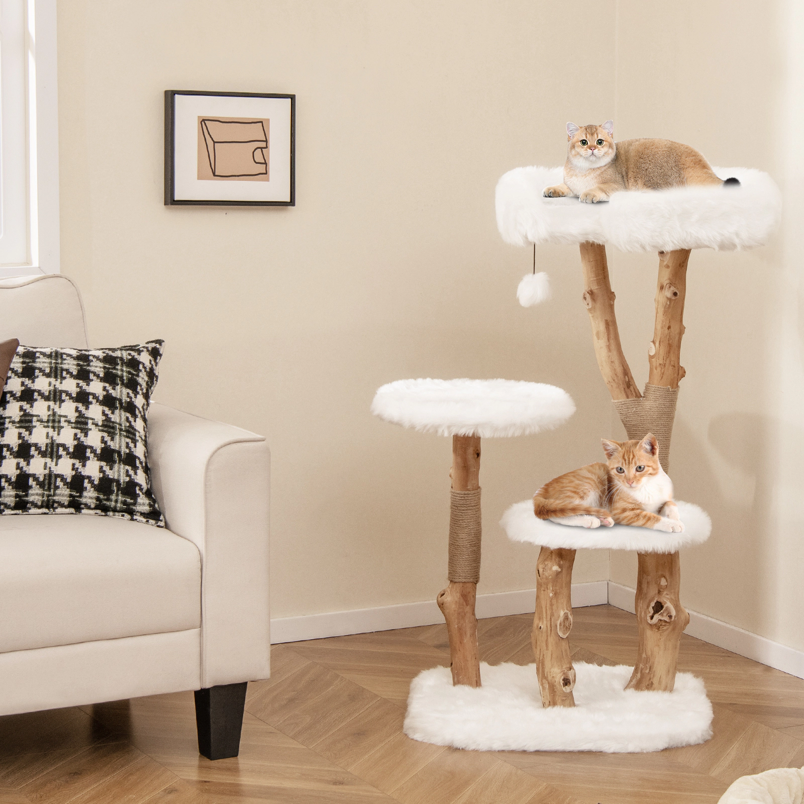 SUGIFT 44-in Solid Wood Cat Tree with Top Perch and Natural Jute Scratching Posts 33-lb Capacity Natural+White