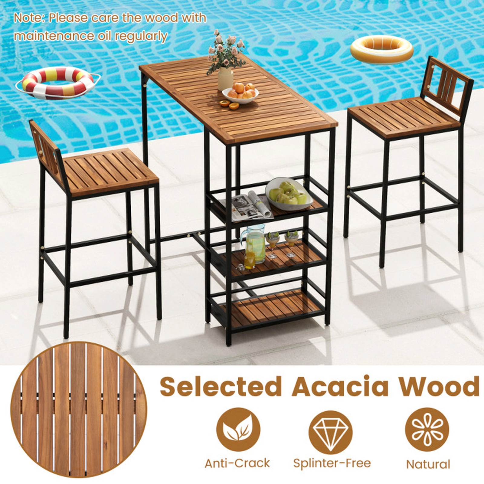 SUGIFT Outdoor Bar Set with 3-Tier Storage Shelf 400-lb Chair Capacity Black + Natural