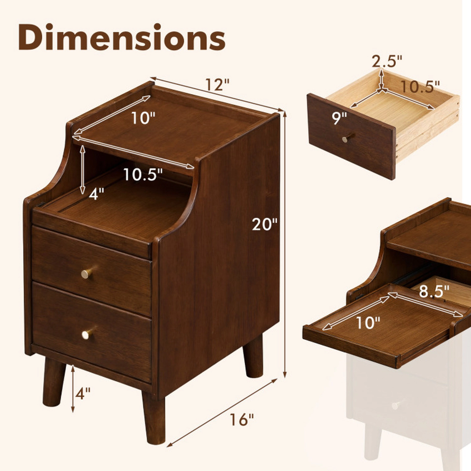 SUGIFT Wood Nightstand with Drawers and Solid Wood Legs 55-lb Top Capacity 11-lb Drawer Capacity 20-in Tall Brown