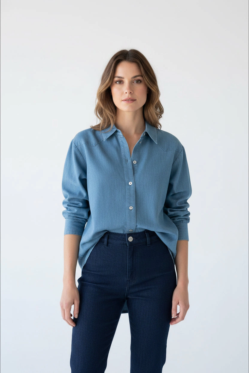 DressAtR Women's Light Blue Denim Full Cuff Sleeve Button Front Shirt