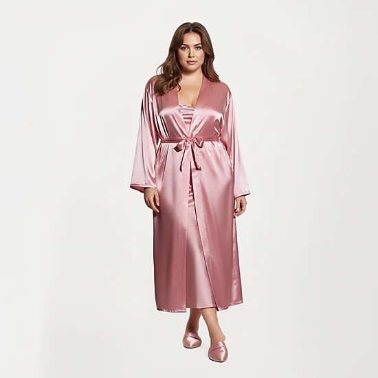 Anna-Kaci Women's Plus Size Satin Robe and Slip Set with Smooth Draping Fabric and Elegant Silhouette