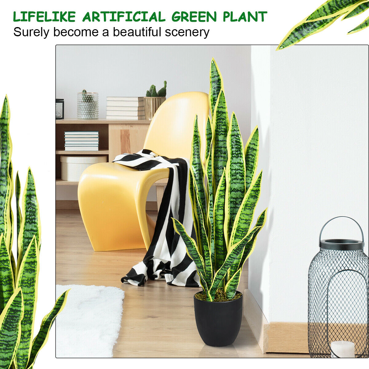 Slickblue 35.5 In Artificial Snake Plant with Realistic Textured Leaves and Cement Filled Pot