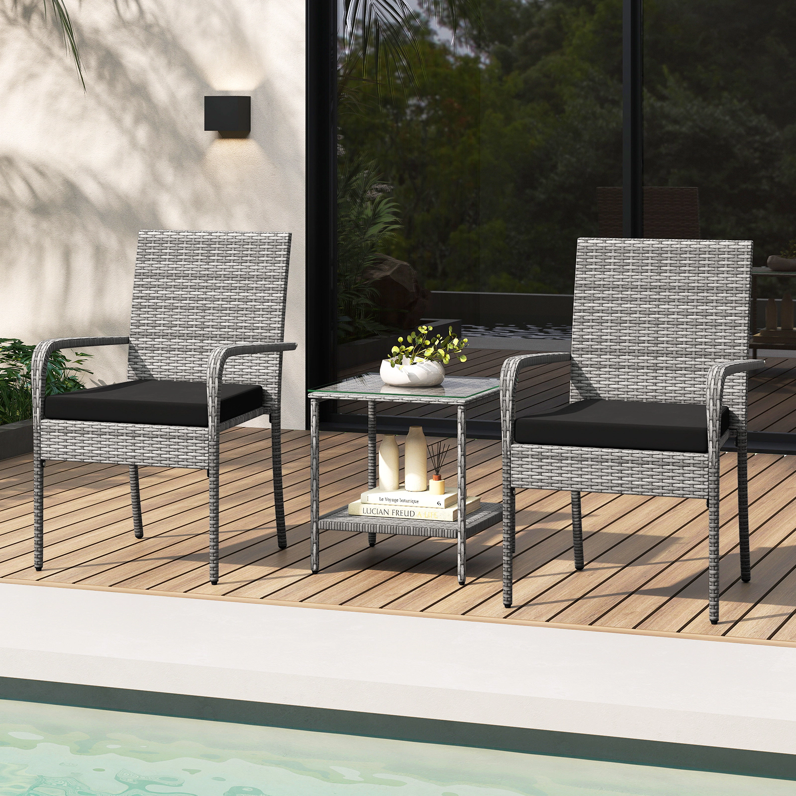 LJG 3 Piece Patio Furniture Set with Seat Cushions and Tempered Glass Tabletop for Balcony