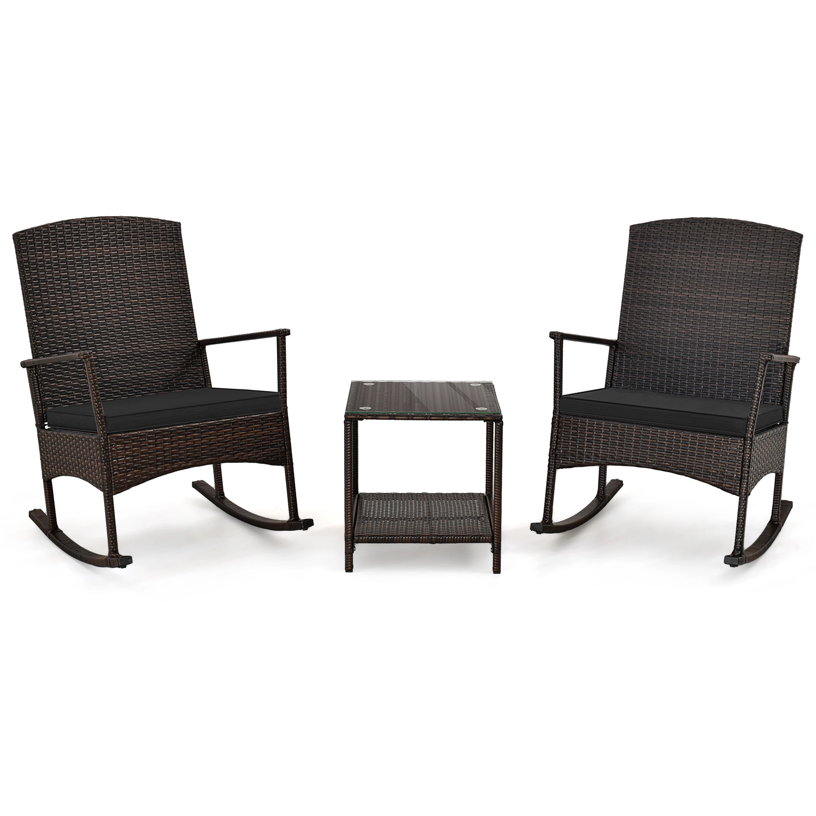 SUGIFT Black 2-Tier Side Table and Cushions 3-Piece Patio Rocking Bistro Set