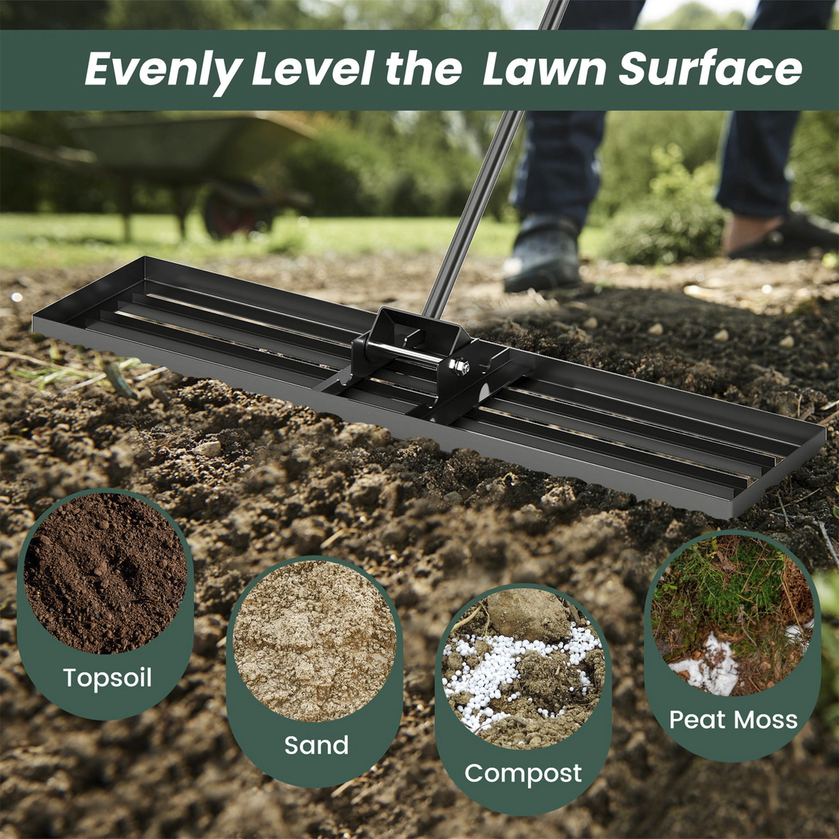 SUGIFT Black 42-in x 10-in Lawn Leveling Rake Grading Plate with Rustproof 69-in Handle for Topdressing