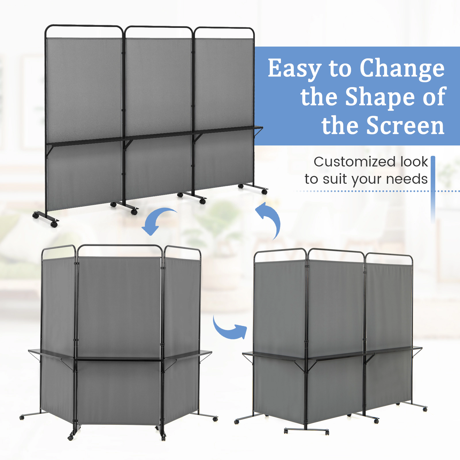SUGIFT 3-Panel Freestanding 3 Metal Shelves Rolling Room Divider Screen 103-in x 18-in x 74-in 30-in Shelf Height Gray