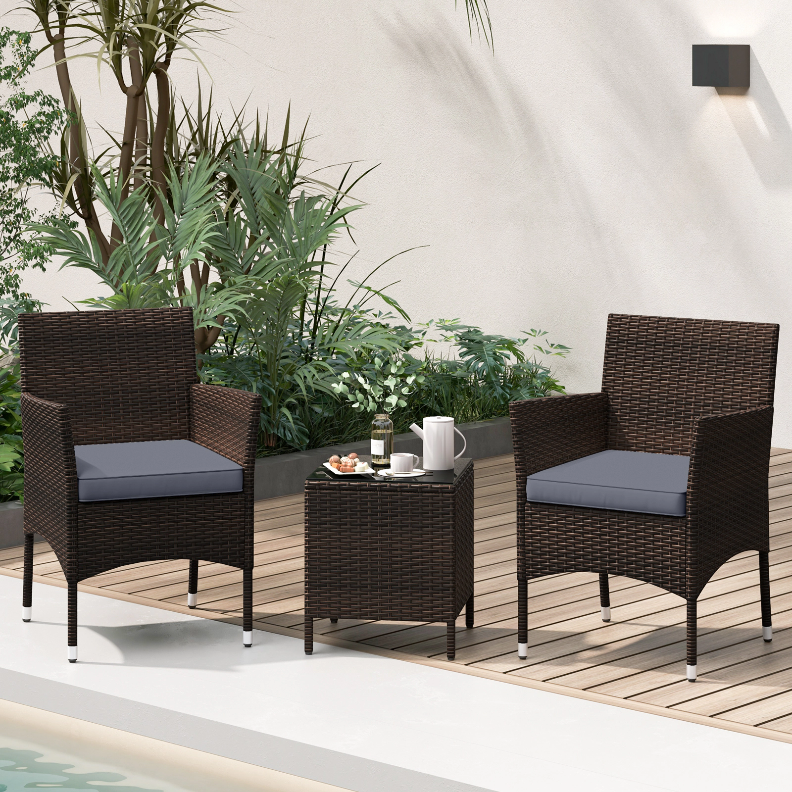 SUGIFT Conversation Set with Cushioned Seats and Glass Tabletop 400-lb Chair Capacity Mix Brown Rattan Gray Cushions