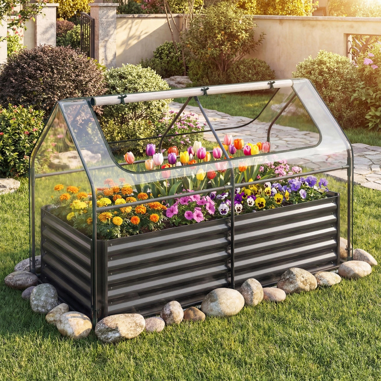 SUGIFT Galvanized Raised Garden Bed with Mini Greenhouse Cover Outdoor Planter Black + Clear/Silver + Clear