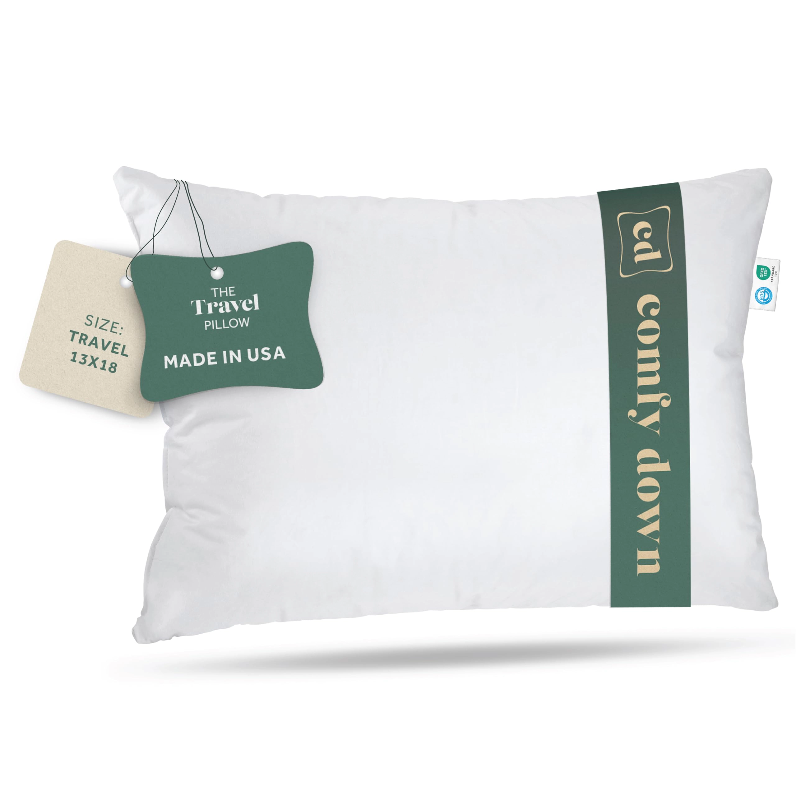 ComfyDown Drift 800 Fill Power Down Travel Pillow, 400 Thread Count, 12 x 16 in, Medium