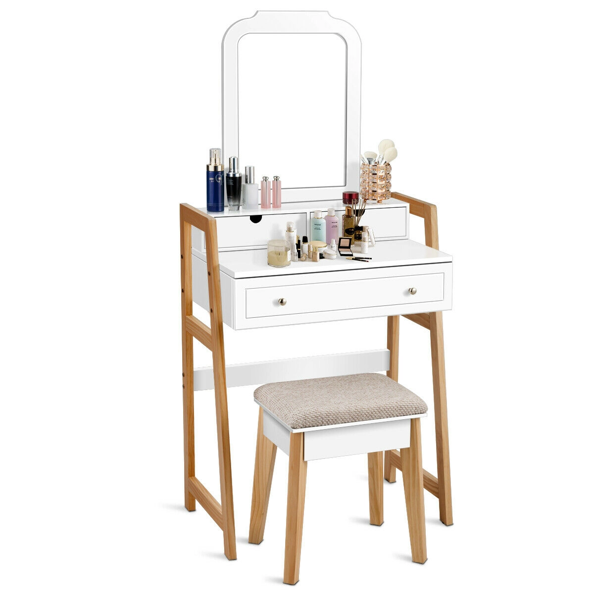SUGIFT 286-lb Capacity White Vanity Makeup Table Set with Large Mirror 3 Drawers and Cushioned Stool