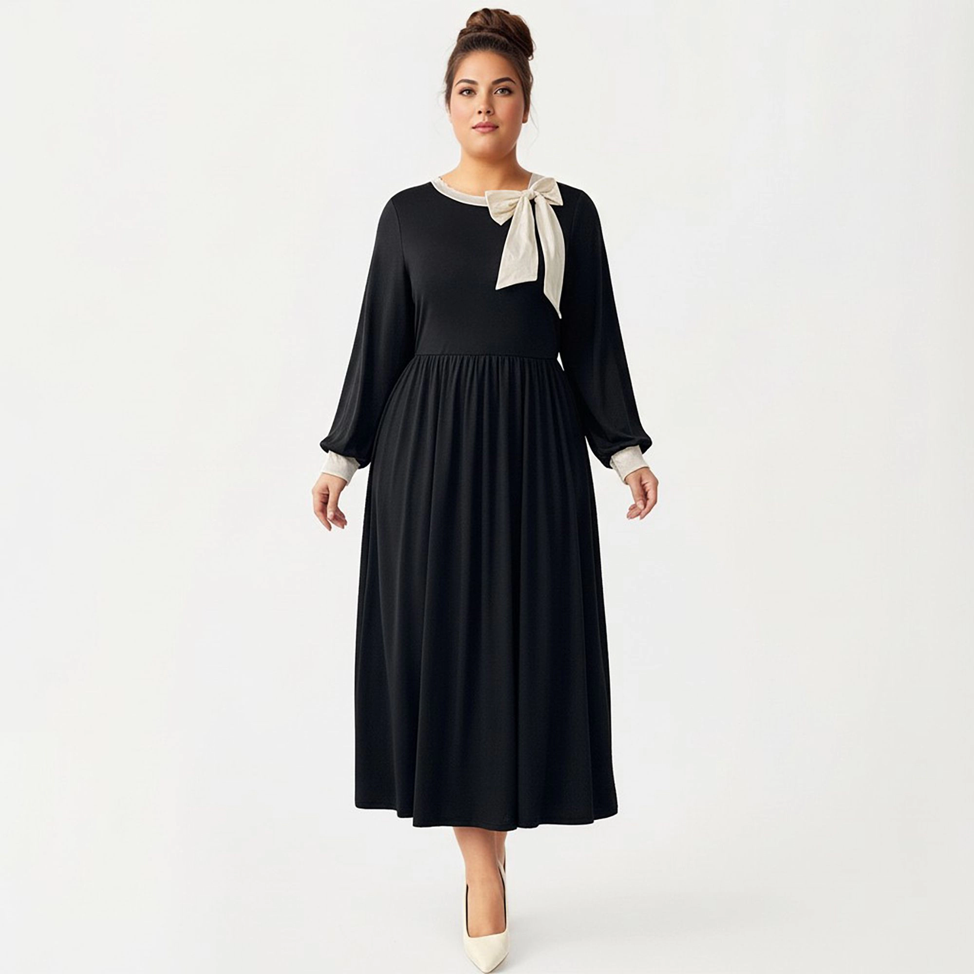 Anna-Kaci Women's Plus Long Sleeve Bow Neck Detail Gathered Waist Flowy Skirt Midi Dress